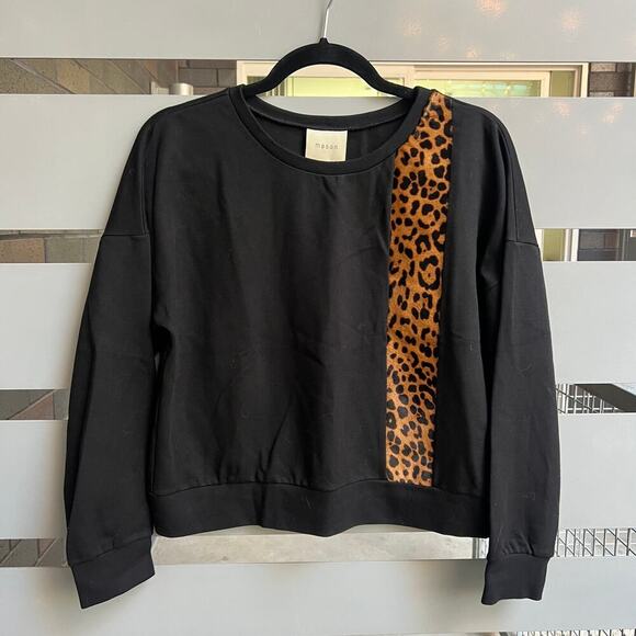 Mason Sweaters - Mason Black Leopard Calf Hair Stripe Crew Neck Sweater